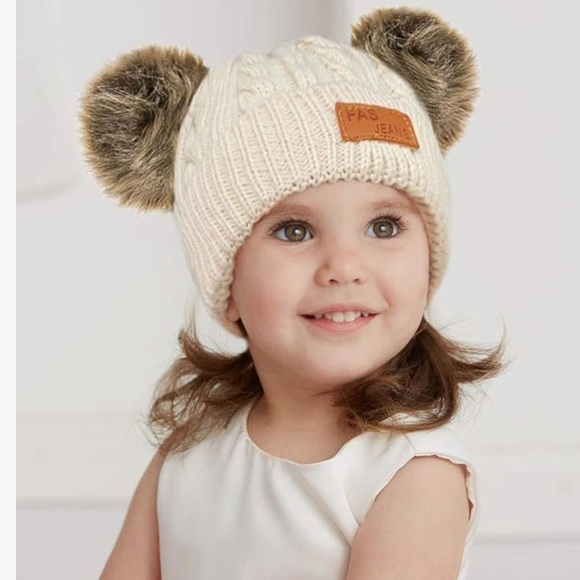 Infant Toddler Woolen Hat Cream Color Winter Twist Double Pom Pom Knitted Beanie - Picture 3 of 6